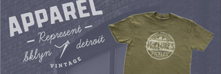image of McClure's t-shirt with text: Apparel represent brooklyn and detroit vintage