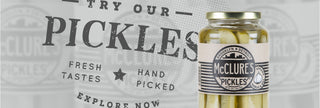 image of mcclure's pickles garlic spear with text: try our pickles fresh tastes, hand packed, explore now