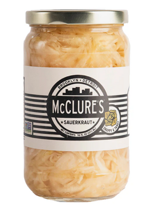 Jar of McClure's sauerkraut on a white background
