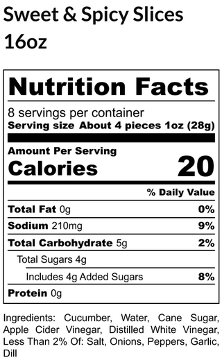 Nutrition facts label for Sweet & Spicy Slices with serving size and calorie information.
