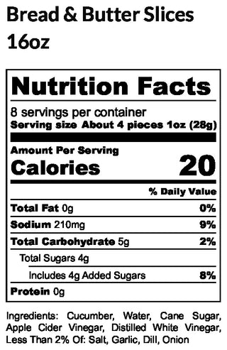 Nutrition facts label for bread and butter slices with serving size and calories information.