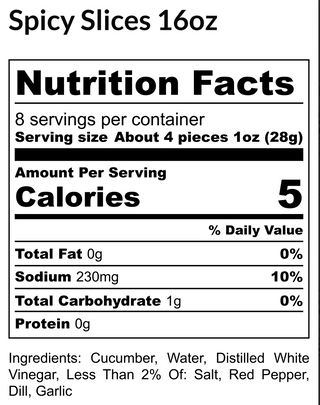 Nutrition facts label for spicy slices with serving size and calorie information.