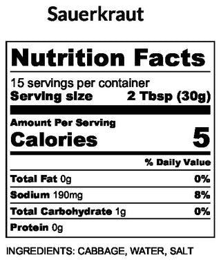Nutrition facts label for sauerkraut with serving size, calories, and ingredients listed.