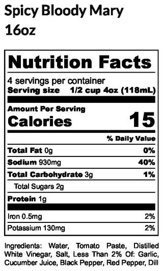Nutrition facts label for Spicy Bloody Mary drink, 16oz container.
