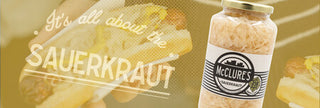 background image of sauerkraut with faded text It's all about the sauerkraut
