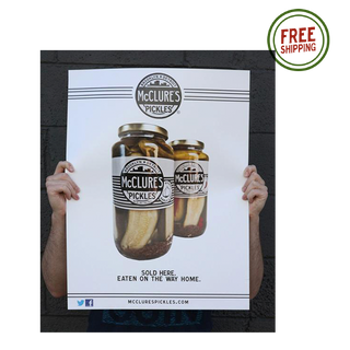 mcclure's poster with image of pickles and text: sold here, eaten on the way home